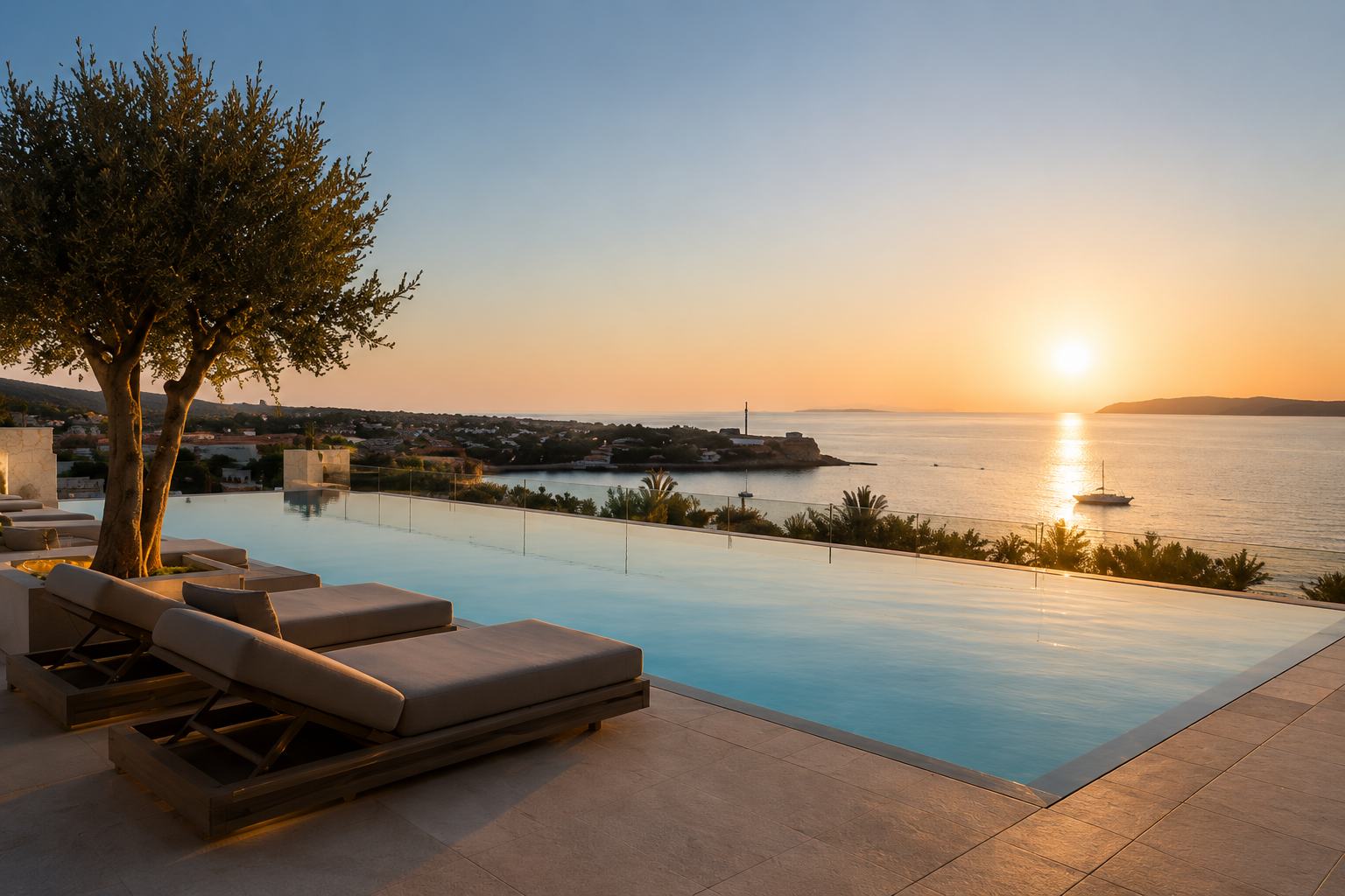 Infinity pool villa at sunset overlooking the Mediterranean