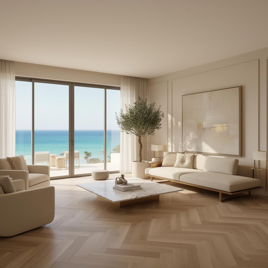 Luxury Mediterranean apartment living room with sea view