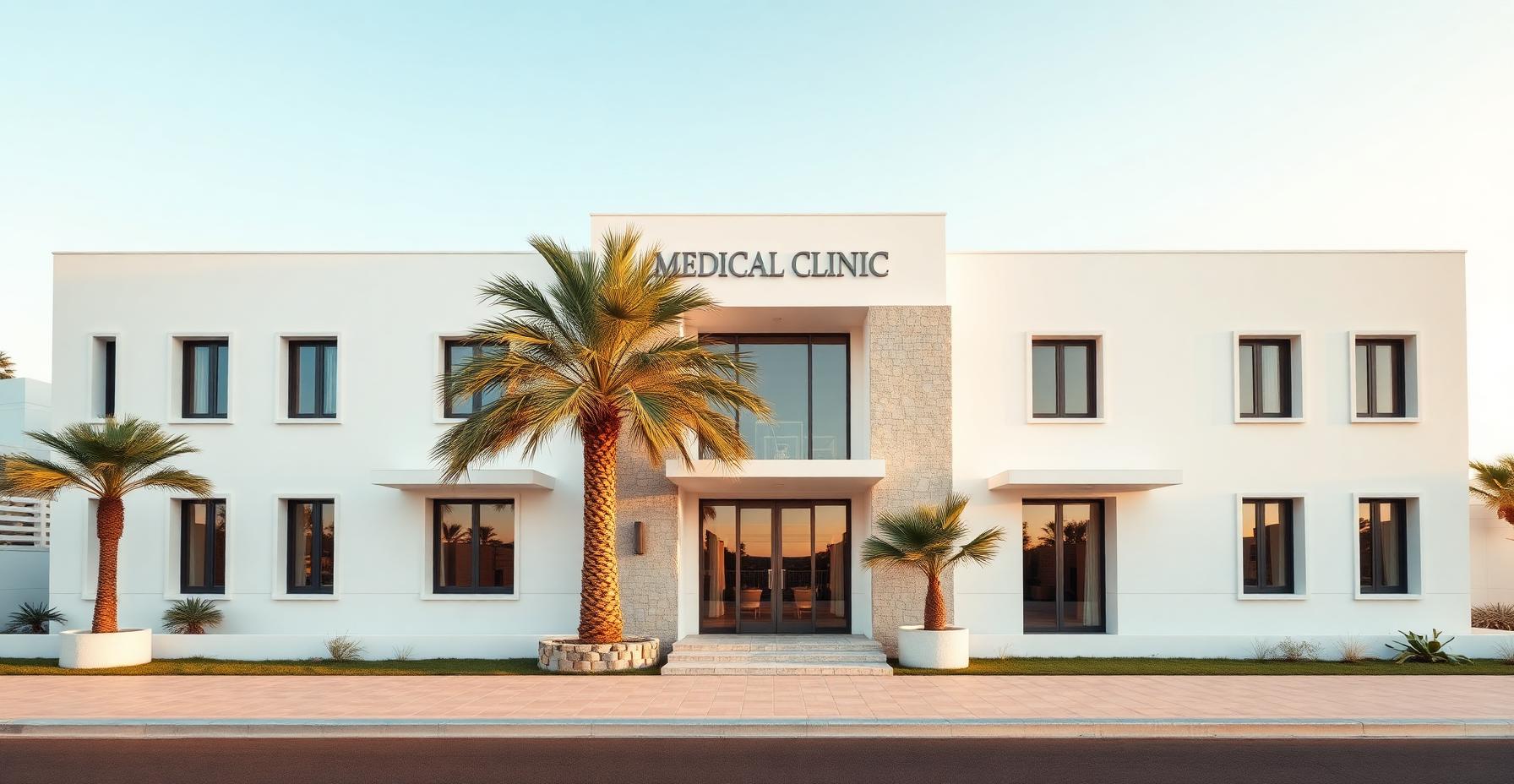 Modern private medical clinic exterior in Cyprus at golden hour.