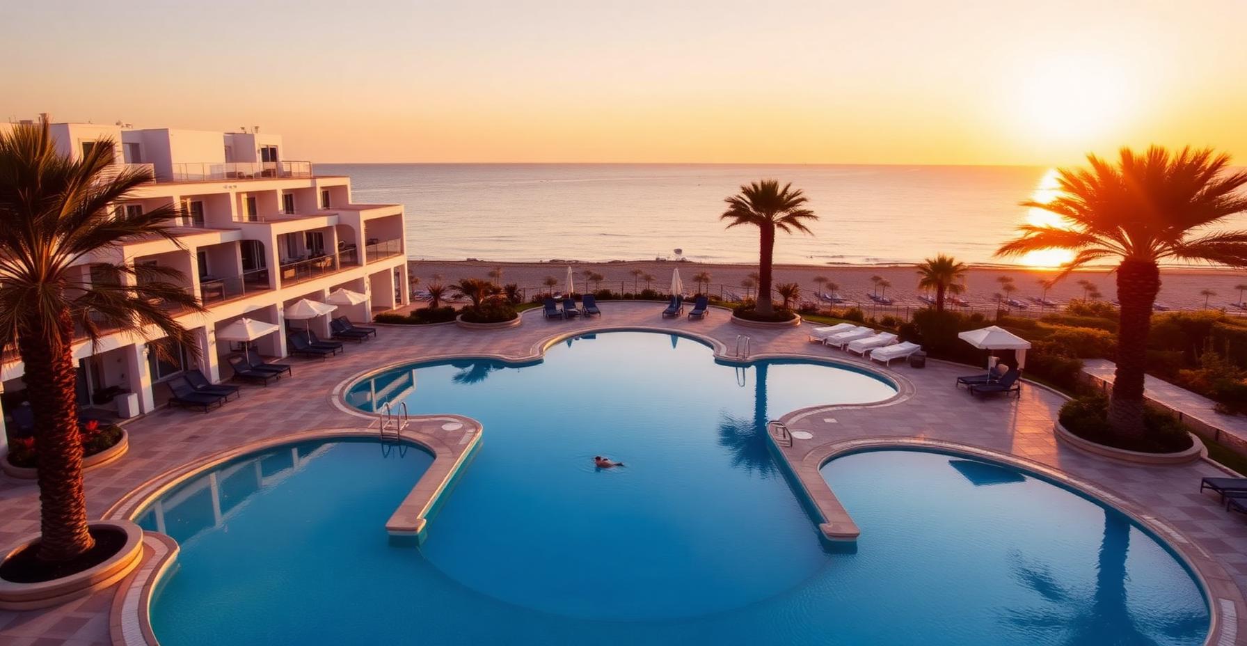 Luxury beachfront hotel in Cyprus at golden hour.