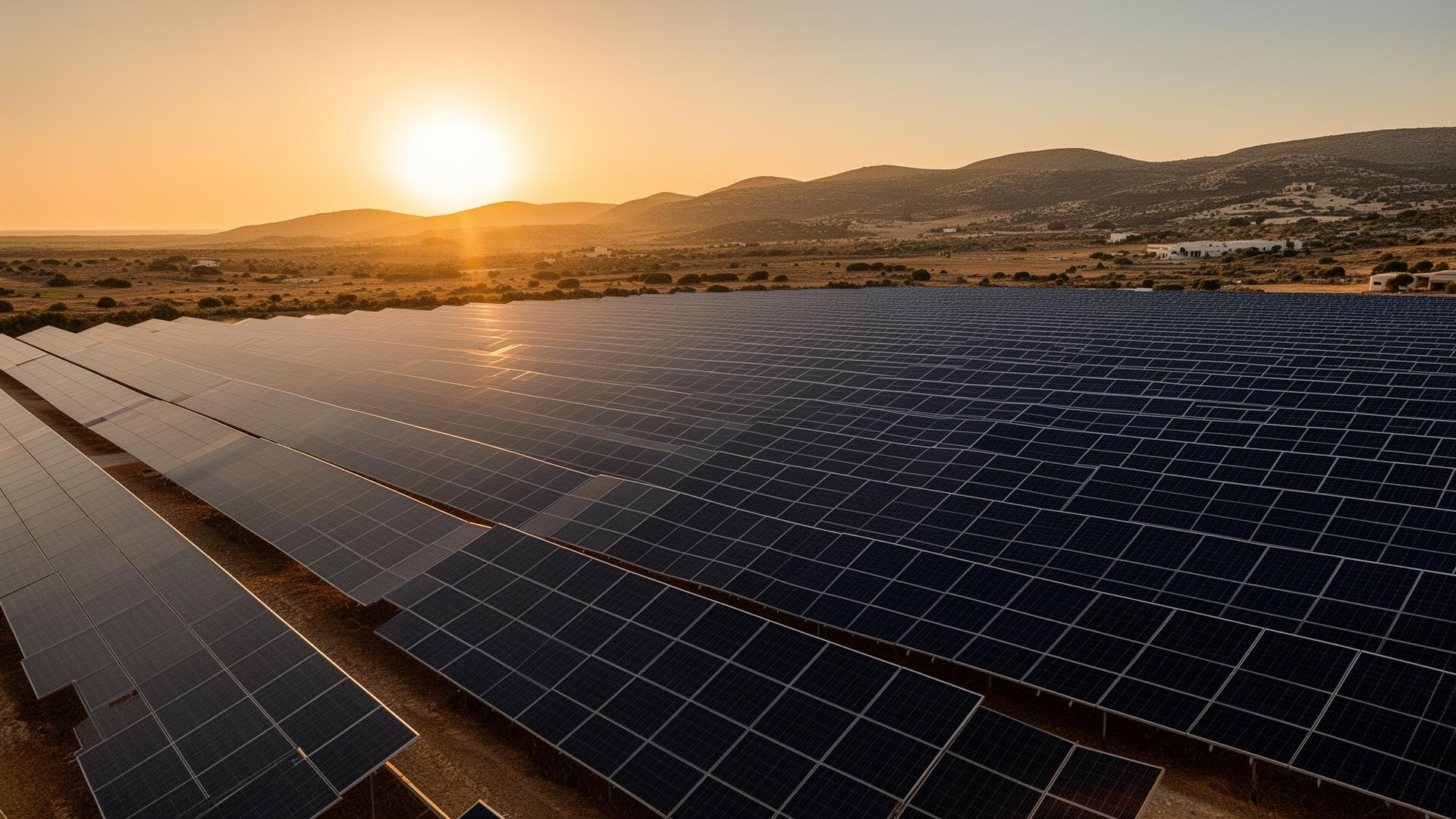 Aerial view of a large-scale solar photovoltaic park in the Cypriot countryside at golden hour.